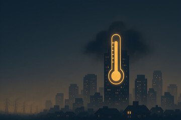 City skyline at night with glowing thermometer on tower and dark pollution cloud, urban heat island and global warming climate change concept
