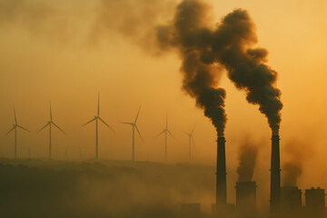 Smokestacks from coal power plant rising beside wind turbines in yellow smog, contrast between dirty fossil fuels and clean renewable energy transition
