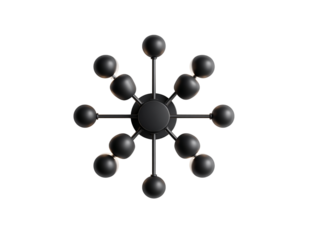 PNG of Abstract black sculpture resembling a molecular structure with spherical nodes, set against a white background.