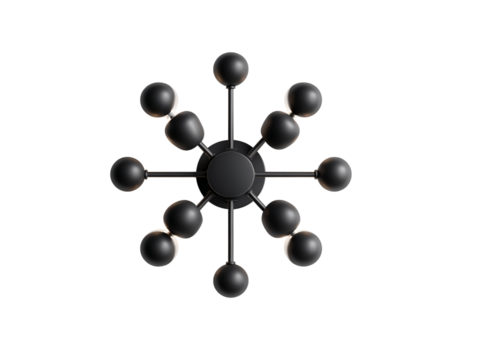 PNG of Abstract black sculpture resembling a molecular structure with spherical nodes, set against a white background.