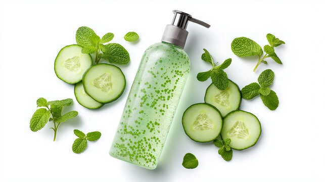 bottle of cucumber and mint body wash on a white background with slices of fresh green cucumber and sprigs of mint leaves