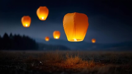 4k serene open night field under a vast dark sky filled with floating paper sky lanterns ascending from the lower horizon upward. The lower part of the image shows textured grass - Powered by Adobe