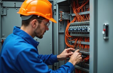 Electrician working with electrical wires in power distribution cabinet. Man wearing hard hat glasses jacket performs electrical work. Engineer repairs wiring in electrical panel or server rack.