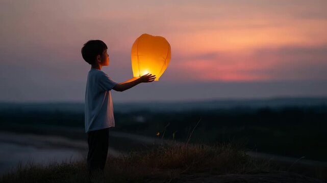 4k serene sunset scene featuring a child standing alone on a grassy hill, fully inside the frame in full body, holding a glowing sky lantern above their head. The child&rsquo;s silhouette