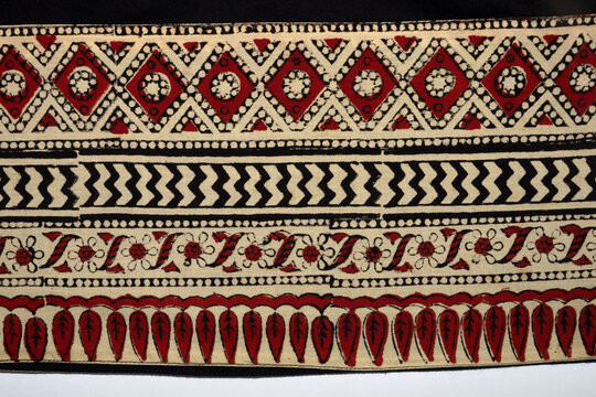 Traditional Indian Ajrakh Style Block-Printed Fabric Detail