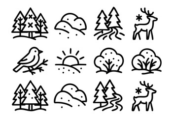 Fototapeta premium Nature and seasonal line art icon set: pine trees, deer, sun, bird, bushes, and hills depicted in a thin stroke style.