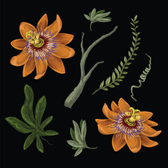 Passiflora tropical flower vector pattern with exotic leaves and jungle plants