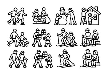 vA collection of minimalist line art icons depicting various winter activities, family fun, and holiday celebrations.