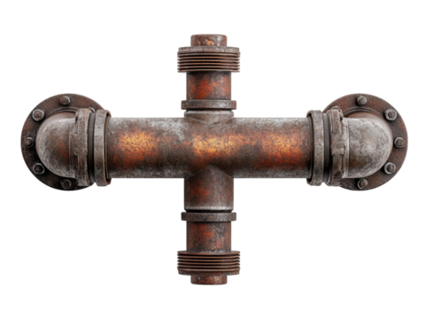 PNG of A weathered metal pipe junction featuring rust and corrosion, showcasing industrial design.