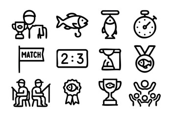 Fishing tournament: angler, trophy, fish, scoreboard, and other competition-related vector icons.