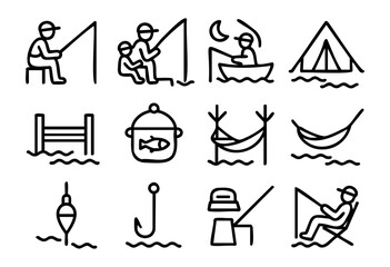 A collection of line art icons depicting various fishing and outdoor recreation activities and related items, including fishermen, a tent, a dock, and fishing gear.