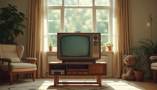 Retro TV sits on wooden stand in cozy room. Vintage television in a bright living room. Classic interior design includes armchair plants and curtains.