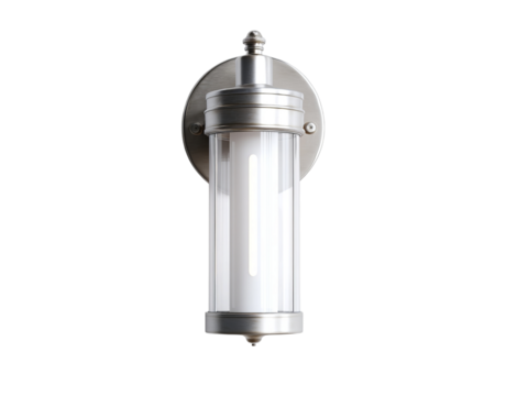 PNG of Sleek silver wall light with a modern design, featuring a cylindrical white shade illuminating a clean space.