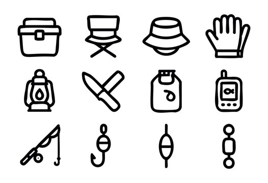 Fishing and camping essentials: a collection of black and white line art icons depicting various outdoor equipment such as a tackle box, folding chair, fishing hat, lantern, fishing rod, and fishing t