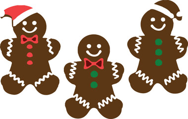 Cute gingerbread men cookies vector illustration set with santa hats and bow ties for christmas holiday baking.