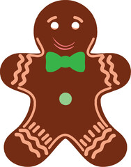 Happy gingerbread man cookie vector illustration with green bow tie for christmas and holiday baking food design.
