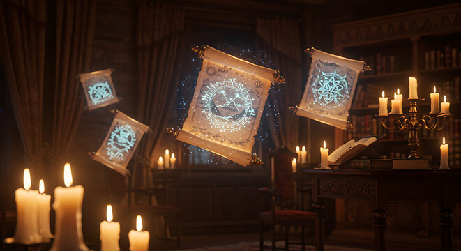 Magical Scrolls Floating in a Mystical Library - Powered by Adobe