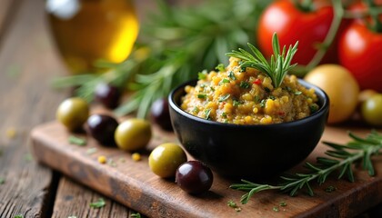 Rustic bowl filled with seasoned olive tapenade, fresh herbs, spices, whole olives, and rosemary sprigs. Tomatoes and olive oil bottle in background.