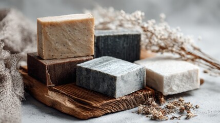 Artisan Soap Display with Natural Ingredients on Wooden Board Surrounded by Dried Flowers and Textiles, Emphasizing Eco-Friendly Beauty and Wellness