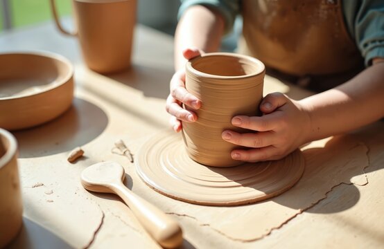Child hands shape clay on pottery wheel. Kid learns craft making ceramic mug in workshop. Young artist develops skill with natural material.