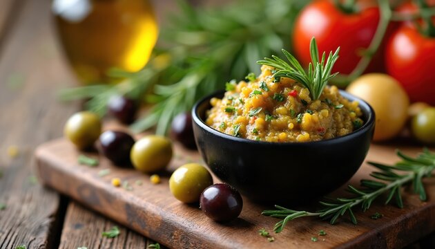 Rustic bowl filled with seasoned olive tapenade, fresh herbs, spices, whole olives, and rosemary sprigs. Tomatoes and olive oil bottle in background. - Powered by Adobe