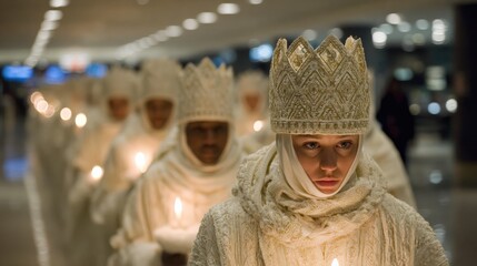 Candlelit Religious Procession with Participants in Ornate White Robes