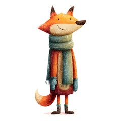 Cartoon fox is wearing a scarf and gloves. The fox is smiling and he is happy