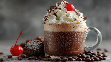 Decadent Hot Chocolate with Whipped Cream, Chocolate Shavings and Cherry in a Glass Mug