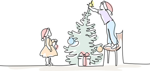 Kids,boy and girl decorate Christmas tree. Continuous one line drawing.