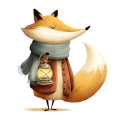 Fox is holding a lantern and wearing a scarf. The fox appears to be sleepy and cozy