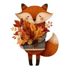Fox is holding a bunch of leaves in its mouth. The fox is wearing a blue sweater and he is sleepy