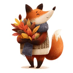 Fox is holding a bunch of leaves in its mouth and is wearing a scarf. The fox appears to be happy and content