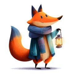 Cartoon fox is holding a lantern and wearing a blue scarf. The fox appears to be happy and content