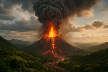 A massive volcanic eruption in a hilly beautiful landscape