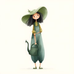Cartoon girl is holding a watering can. She is wearing a green hat and green overalls