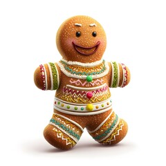 Gingerbread man is smiling and wearing a colorful outfit. He looks happy and playful. The image is of a cartoon character, and it seems to be a fun and lighthearted scene