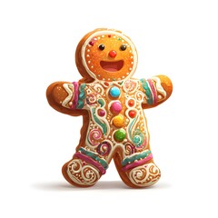 Gingerbread man is smiling and standing on a white background. The cookie is decorated with colorful sprinkles and has a happy expression