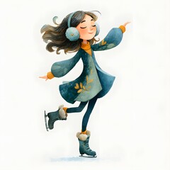 Girl wearing a blue coat and blue earmuffs is skating on ice. She is smiling and she is enjoying herself