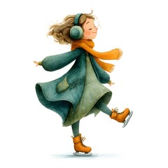 Girl wearing a blue coat and orange scarf is skating on ice. She is wearing headphones and she is enjoying herself