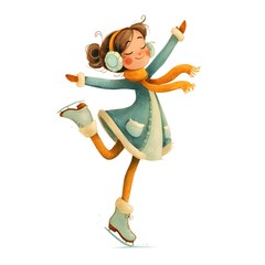 Girl in a blue dress is skating on ice. She is wearing headphones and a scarf. The girl is smiling and he is enjoying herself