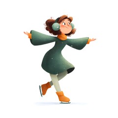 Cartoon girl wearing a green dress and a green hat is skating on ice. She is smiling and she is enjoying herself