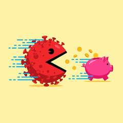 COVID-19 Virus Chasing Piggy Bank with Coins, Economic Impact Concept.