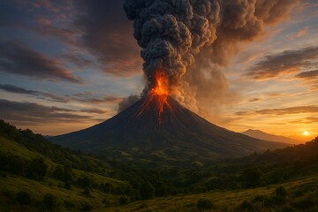 A massive volcanic eruption in a hilly beautiful landscape
