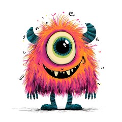 Cartoon monster with a big green eye and pink hair. It is smiling and has a mouth full of teeth