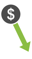 Dollar Coin with Downward Arrow Illustrating Financial Loss.