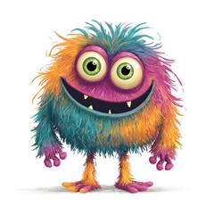 Colorful monster with big eyes and a big smile. The monster is standing on a white background