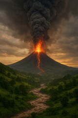 A massive volcanic eruption in a hilly beautiful landscape