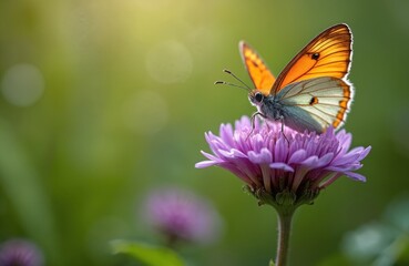 Obraz premium Orange and white butterfly rests on purple flower petals. Delicate insect with patterned wings settles on vibrant bloom, soft green background. Peaceful nature scene.