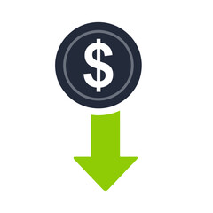 Dollar Coin with Downward Arrow - Symbolizing Financial Loss.