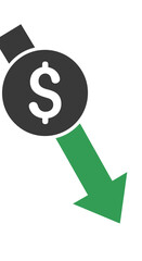 Downward Trend - Money Bag with Arrow Symbolizing Financial Loss.